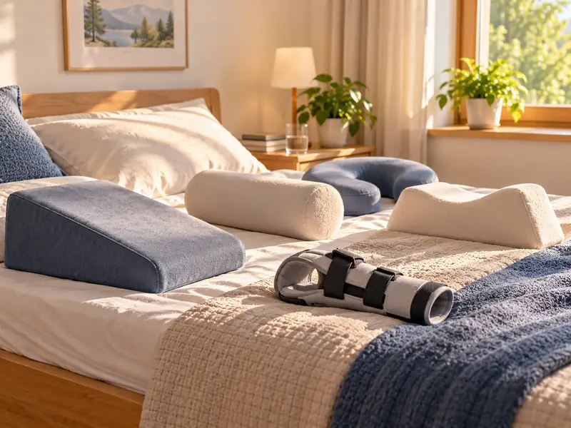 Bett mit Lagerungskissen in verschiedenen Formen und einer Handlagerungsschiene auf der Decke.