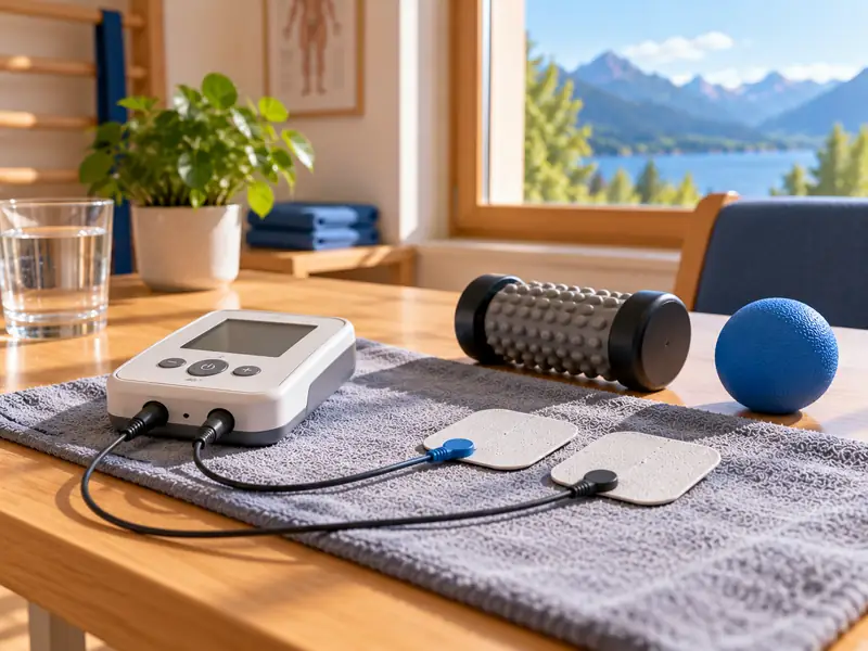 Kleines Stimulationsgerät mit zwei Klebeelektroden auf einer Tischauflage, daneben eine Massagerolle und ein Softball.