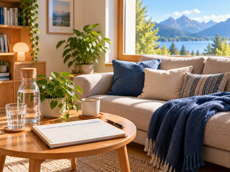 Sofa am Fenster mit Kissen und blauer Wolldecke, davor ein Tisch mit Wasserkaraffe und aufgeschlagenem Planer.