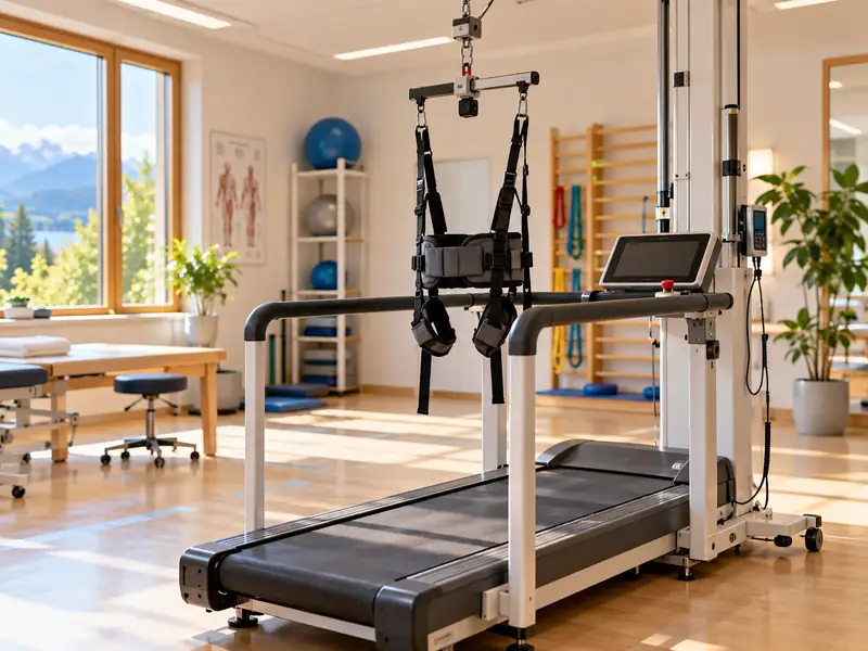 Laufband mit Gurtsystem zur Gewichtsentlastung in einem hellen Therapieraum.