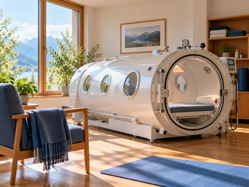 Zylindrische Druckkammer aus hellem Metall mit runden Sichtfenstern, davor ein Stuhl mit blauer Decke.