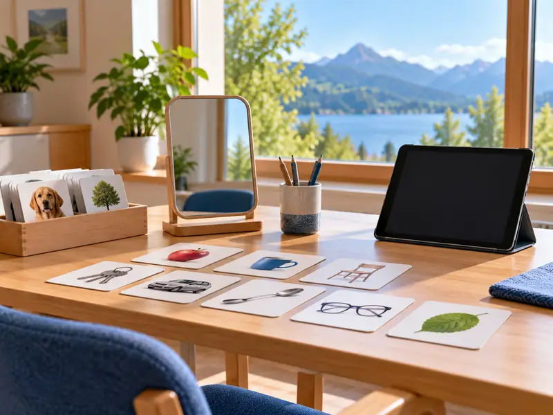 Tisch mit Bildkarten von Alltagsgegenständen, einem kleinen Standspiegel und einem Tablet.